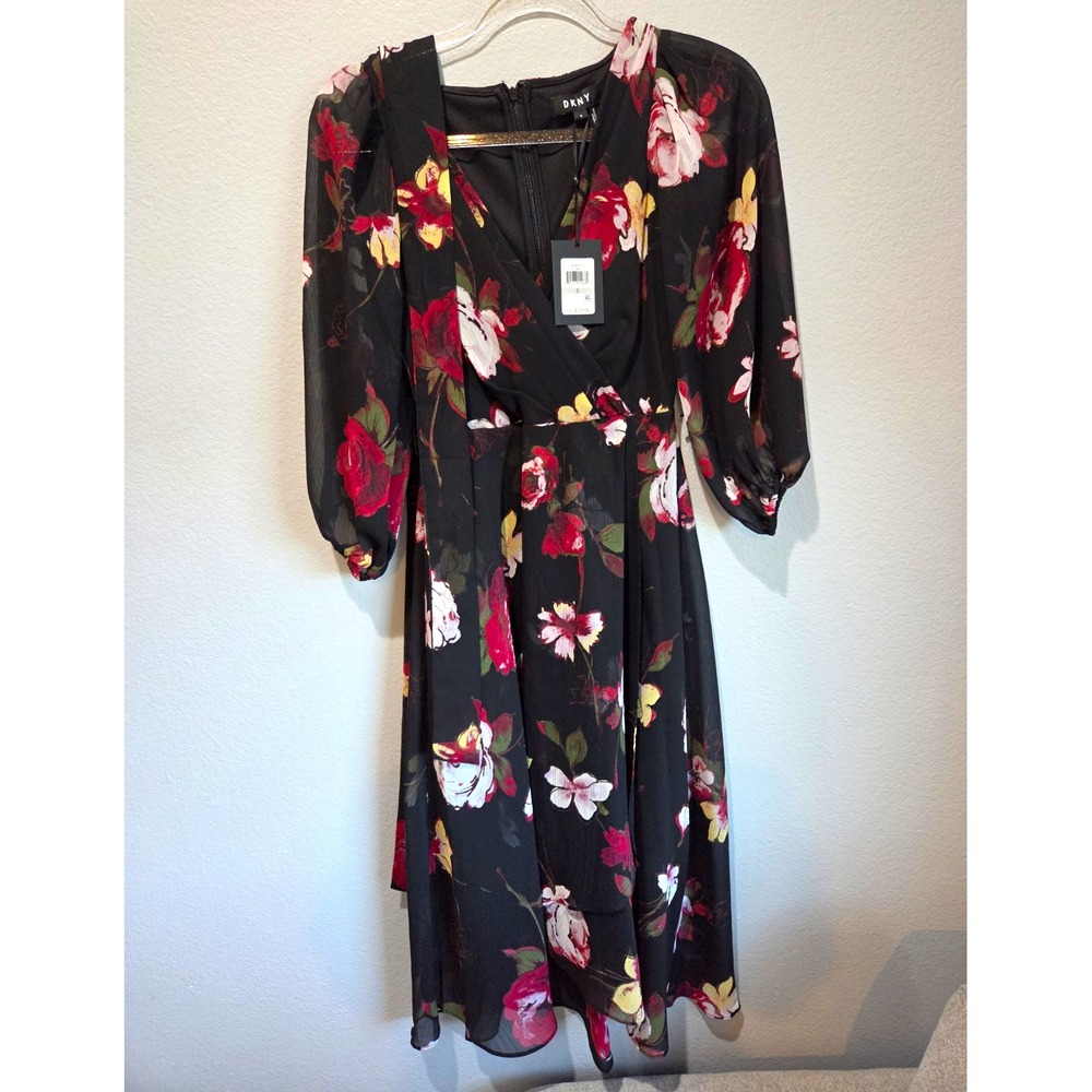 DKNY Size 0 Black Floral Chiffon V-Neck 3/4 Sleeve Zip Back Midi Dress